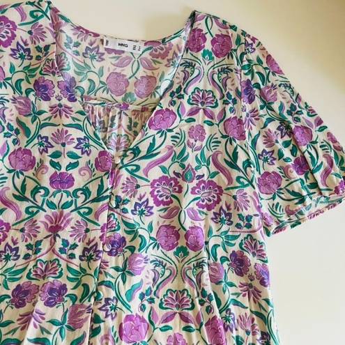 Mango  Purple & Green Botanical Floral Button Front V Neck Blouse XL