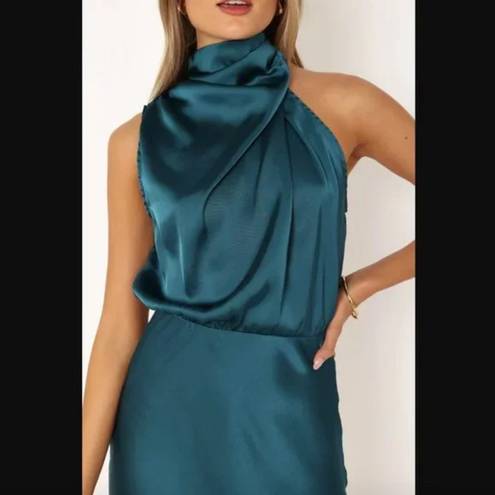 Petal and Pup  Anabelle Teal Blue Satin Halter High Neck Mini Dress M