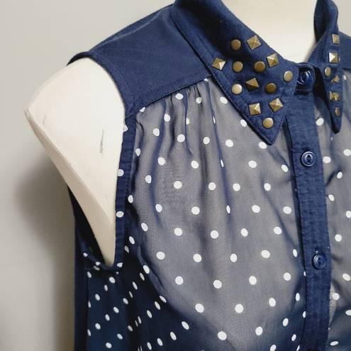 Rewind  navy polka dot stud collar mixed media sleeveless button down size large