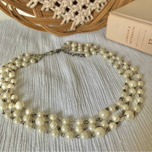 American Vintage Vintage “Esme” Three Strand Pearl Chain Silver Necklace 19” Classic Feminine