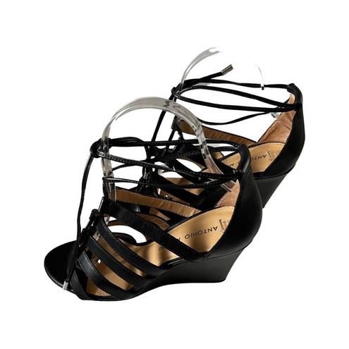 Antonio Melani  Adair Lace Up Black Leather Wedges Sandal Size 7