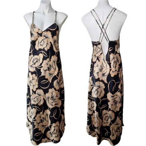 Natori  Floral Long Satin Slip Dress Vintage Gold Black Floral Size Medium