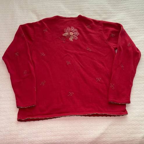 Talbots PL  Red Cardigan with Floral Embroidery