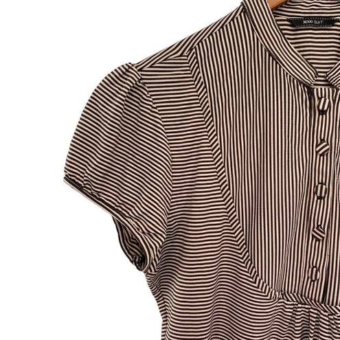 Mango  Womens Top Brown Striped Button Front Band Collar Puff Sleeve Shirt