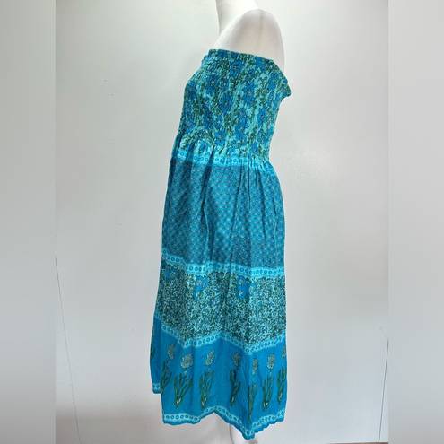 Funky People Turquoise Boho Mixed Floral Smocked Strapless Midi Sundress Large