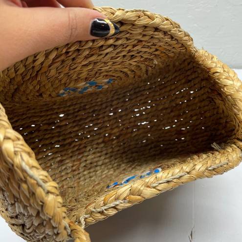 Vintage Blue  White Swirl Boho Round Straw Raffia Bag Hand Woven Shoulder Purse