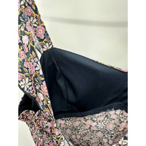 Wish U  Dress Women MEDIUM Pink Black Floral Print Ruffle Shoulder High Low