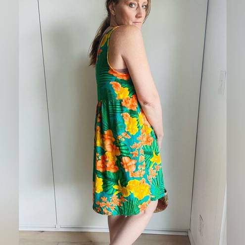 American Vintage 90s Hawaiian Tropical Print Sun Dress  Green Peach Medium Mini coverup Poolside