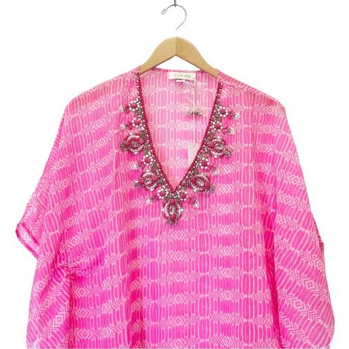 Yumi Kim NWT  Maze Cover Up Jeweled Beaded Cinched Kaftan Hot Pink Sheer Size M/L