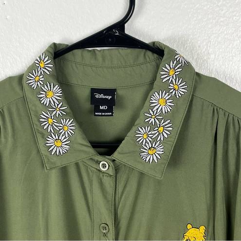 Disney  Green Winnie The Pooh Front Hem Tie Short Sleeves Button Top, Size Medium