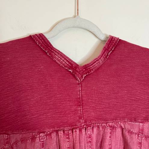 Pilcro Anthropologie Henley V-Neck Raw Hem Cotton Long Sleeve Swing Top Red