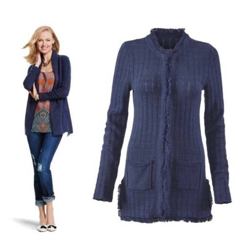 CAbi Duchess Longline Cardigan Sweater Blue Multicolor Flecks Frayed Edge Medium