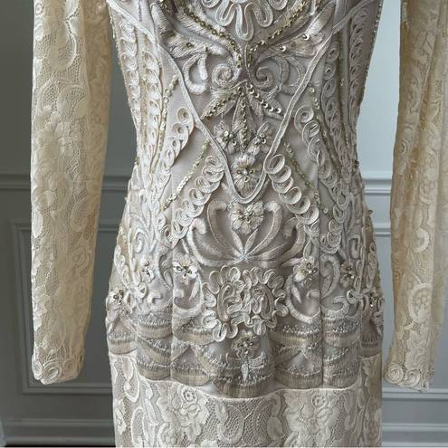 Sue Wong  Nocturne Illusion Soutache Embellished Long Sleeve Cream Formal Dress 2