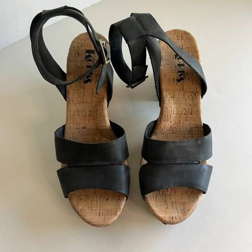 Kork-Ease Korks Mia Strappy Black Genuine Leather Ankle Platform Sandals 10