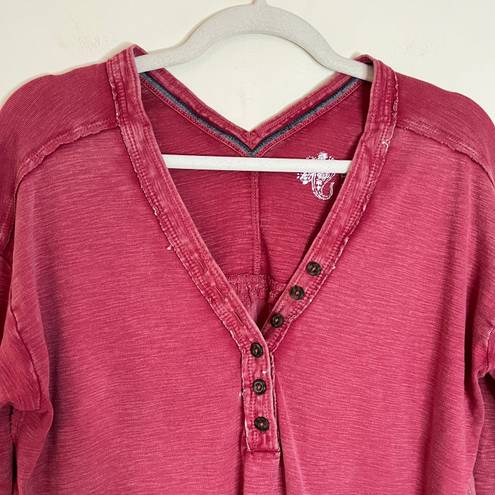 Pilcro Anthropologie Henley V-Neck Raw Hem Cotton Long Sleeve Swing Top Red