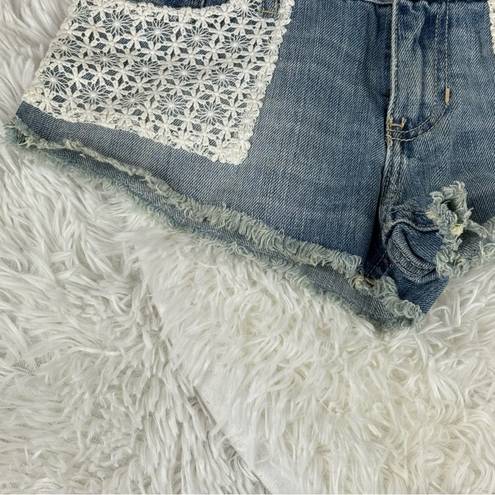 Hollister  Short-Short Low Rise Lace Pocket Raw Hem Blue Denim Jean Shorts 00 New