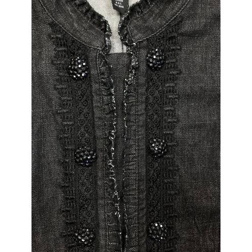 INC  International Concepts Black Denim Jacket Plus 1X Embroidered Bead Buttons