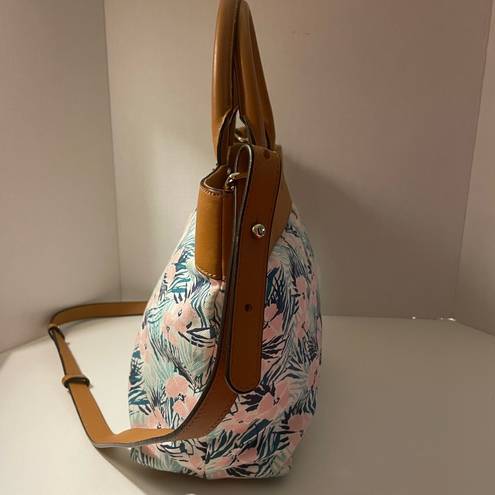 Brooks Brothers  Pastel Floral Print Canvas Crossbody Leather Trim Tote Handbag