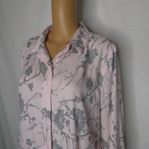 DKNY  Button Up Floral Blouse Dress Shirt Pink Long Sleeve Grey Tree Large