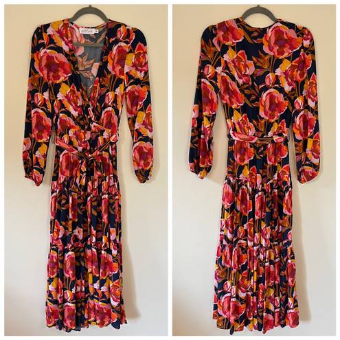 Petal and Pup  Balsa Floral Tiered Long Sleeve Belted Maxi Dress Navy Blue