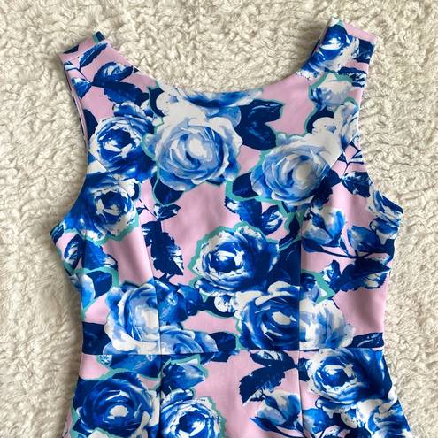 Betsey Johnson Floral Sleeveless Cut Out Back Dress Size 8 M Pink Blue Y2K Roses