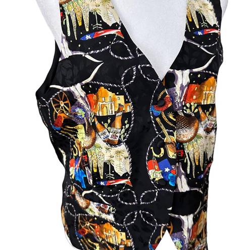 Nicole Miller Vintage  Printed Vest Cowboy Rodeo Western Silk Black Size Large