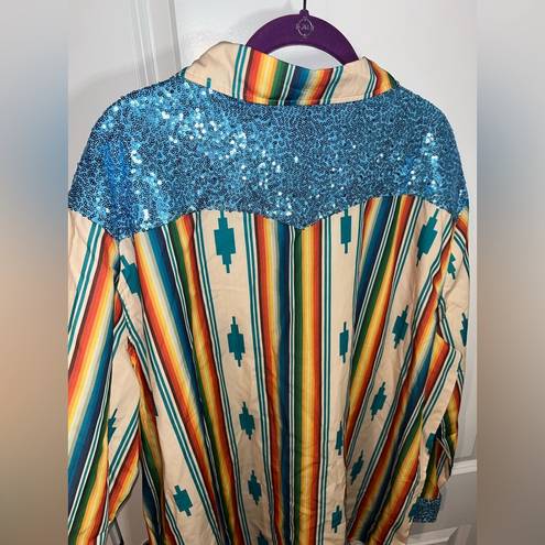 L&B NWT  Lucky & Blessed Southwestern Blue Sequined Long Sleeve Button Up Blouse