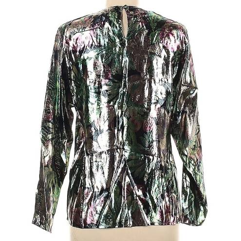 Oleg Cassini Metallic Floral Print Blouse Multicolor Keyhole Back Long Sleeve 8