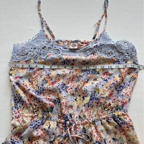 In Bloom by jonquil Pajama Romper Light Blue Lace Tie Floral Spaghetti Strap Med