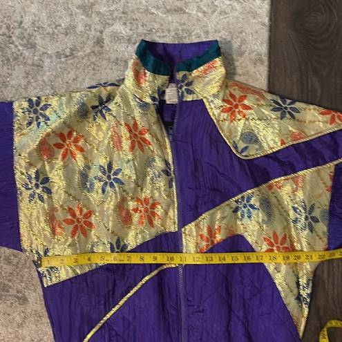 VINTAGE Katana Metallic Gold Purple Floral Jacket 80s Size Medium Windbreaker