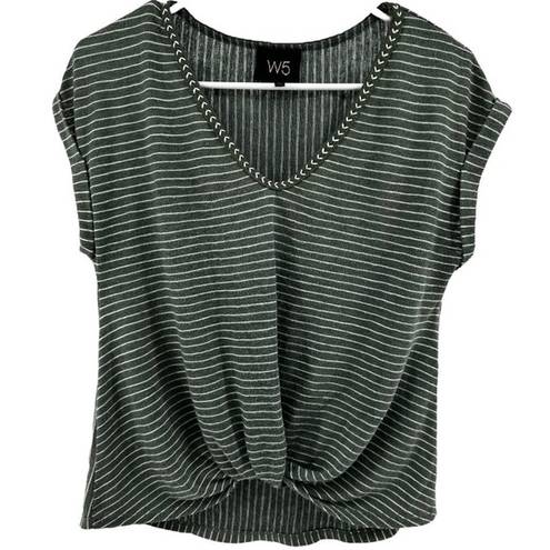 W5  Pinstriped T Shirt Drop Sleeve Twist Front Hem Pullover Casual Green Small