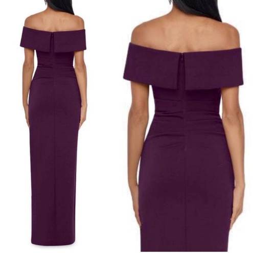 XScape Off The Shoulder Slit Crepe Evening Gown Purple Sz 4 Bodycon Maxi NWT