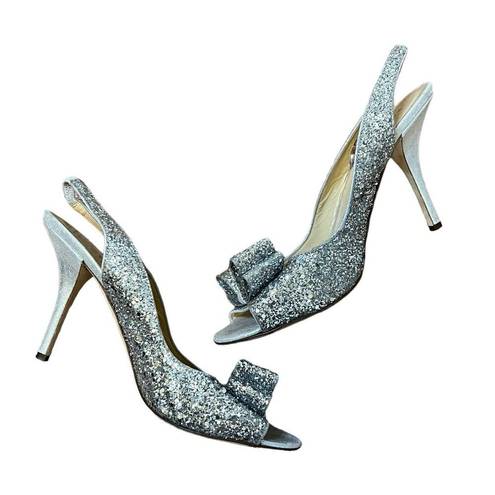 Kate Spade  Shoes Silver Glitter Bow Accent Slip On Peep Toe Slingback Pump Heels