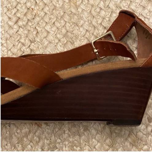 Ralph Lauren  Brown Cognac Suede Leather T-Strap Lydia Wedge Sandals Size 10