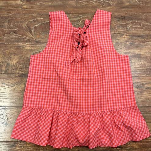 J.Crew  Red Pink Plaid Sleeveless Ruffle Hem Blouse Tie Back Tank Top Women L