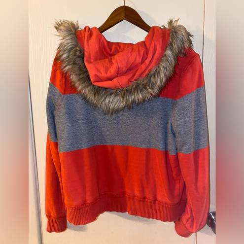 American Eagle AEO Faux Fur Trim Lined Orange & Gray Zip Hoodie - size XL