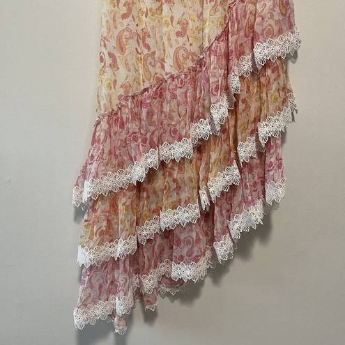 Rococo  Sand Paisley Print Tiered DIagonal Smocked Top Maxi Skirt Size Small