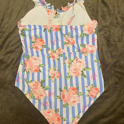 Betsey Johnson  Ruffled Blue Striped One Piece Swimsuit size XL