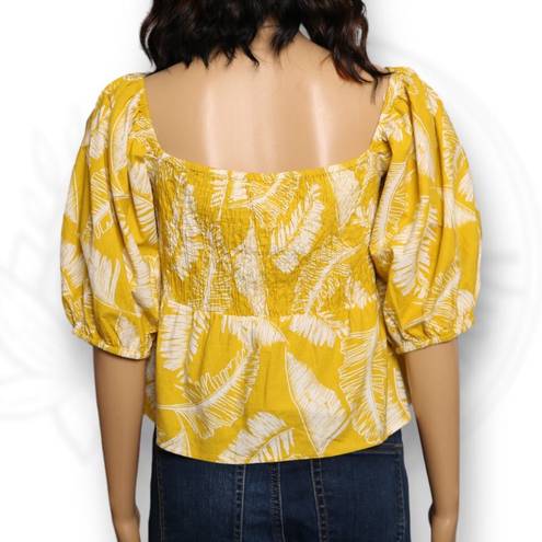 Sim & Sam  Puff Sleeve Leaf Print Square Neck Top Blouse Yellow & White Sz XL