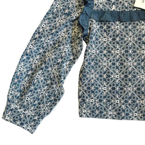 Solitaire  Women’s Sz L NEW Denim Floral Ruffle Eyelet Lace Cropped Shirt Jacket