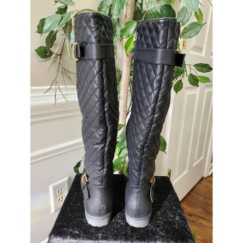 Shoe Land  Women's Black Faux Leather Upper Round Toe Knee High Casual Boots 10