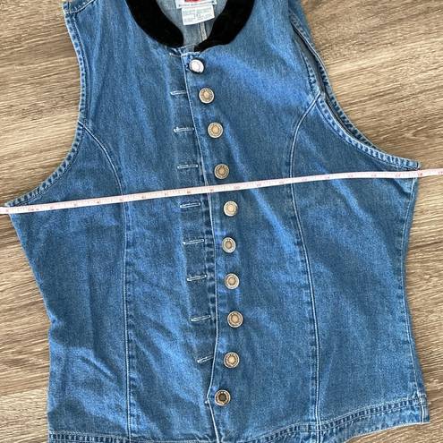 Vintage 90s button front blue denim vest with black velour collar small