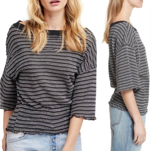 We The Free Free People ebony Tee peplum shirt top striped waffle knit oversized Large