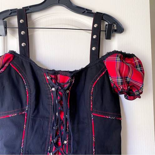 Tripp NYC Top Gothic Tartan Lace Off-Shoulder Y2K Corset Black Red Plaid XL GUC