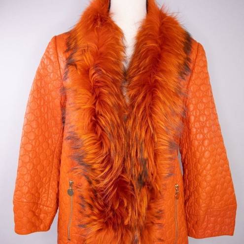 Vintage leather coat with fur trim, color orange Size XS