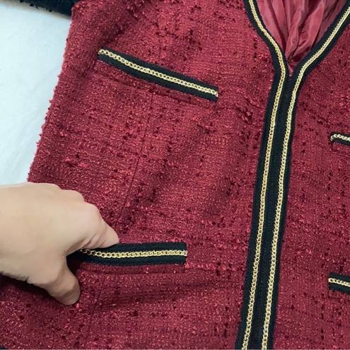 Mango  Red & Black Tweed Blazer Jacket with gold chain trimming C14