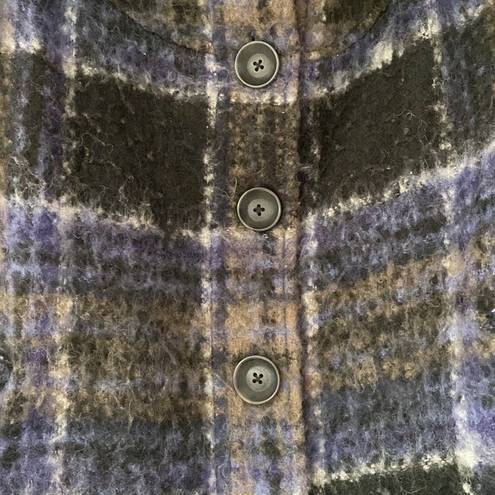 Free People  Bonjour Plaid Wool Coat Tartan Jacket Blue Black Woolen Bohemian XS