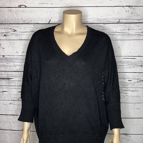 DKNY  Jeans NWT Size 14/16 Black Bead Embellished V-Neckline Pullover Sweater Top