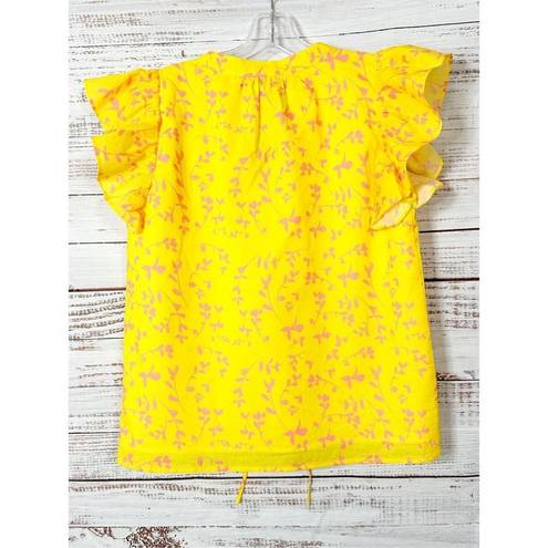 Karina Grimaldi  Women's V Neck Tassel Flutter Sleeve Floral Top Bright Yellow XS