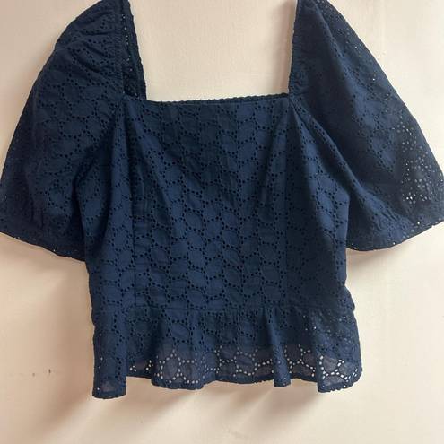 Draper James  Navy Blue Puff Sleeve Square Neckline Peplum Hem Eyelet Top size M